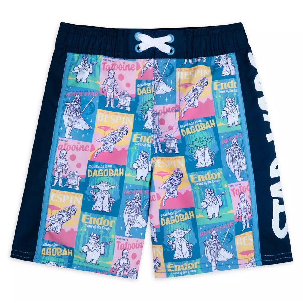 NWT Star Wars Disney Travel Sticker Print Swim Trunks For Kids Sz 7/8
